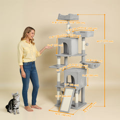 Cat Tree, 70" Multi-Level Cat Tower with 2 Condos, 2 Perches, Hammock, Toy Balls, Scratching Posts and Board, Dark Grey