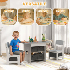 3 Piece Kids Table and Chair Set with 6 Removable Drawers, for Classroom, Living Room, Bedroom, Nursery, Light Grey