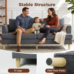 3 Seater Sofa, 74" Modern Corduroy Upholstered Couch with Thick Spring Cushions, Solid Wood Legs, Armrests, Beige