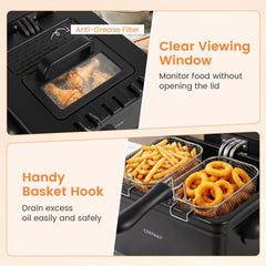 5.3-Qt Electric Deep Fryer with 3 Baskets 1700W LED Touch Screen and 6 Presets-Black