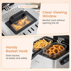 5.3-Qt Electric Deep Fryer with 3 Baskets 1700W LED Touch Screen and 6 Presets-Silver