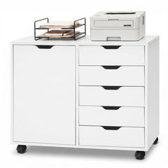 5 Drawer Storage Cabinet on Wheels with Adjustable Shelf-White