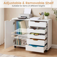 5 Drawer Storage Cabinet on Wheels with Adjustable Shelf-White