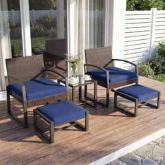 5 Piece Wicker Patio Chair Set with 2 Ottomans and Glass Side Table, Navy