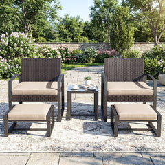 5 Piece Wicker Patio Chair Set with 2 Ottomans and Glass Side Table, Beige