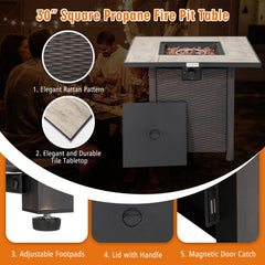 5 Piece Wicker Patio Conversation Set with 30 in Square Propane Fire Pit Table and Storage Box, Black