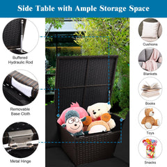 5 Piece Wicker Patio Conversation Set with 30 in Square Propane Fire Pit Table and Storage Box, Black