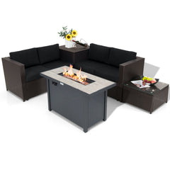 5 Piece Wicker Patio Conversation Set with 42 in Propane Fire Pit Table and Storage Box, Black