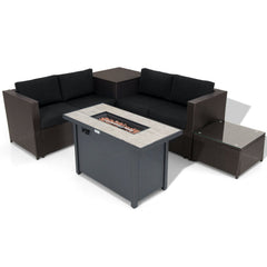 5 Piece Wicker Patio Conversation Set with 42 in Propane Fire Pit Table and Storage Box, Black