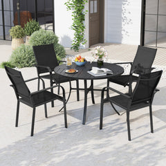 5 Piece Patio Dining Set for 4, 42.5 Inch Round Metal Table with Two Umbrella Adapters and 4 Stackable Mesh Chairs, Black