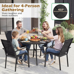 5 Piece Patio Dining Set for 4, 42.5 Inch Round Metal Table with Two Umbrella Adapters and 4 Stackable Mesh Chairs, Black