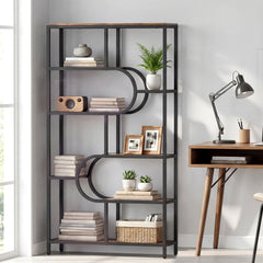 5-Tier Bookshelf Tall Etagere Bookcase with Open Storage Shelves and U Shape-Rustic Brown