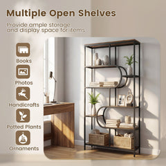 5-Tier Bookshelf Tall Etagere Bookcase with Open Storage Shelves and U Shape-Rustic Brown