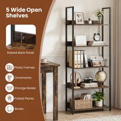 5-Tier Bookshelf Tall Wooden Open Bookcase with Back Panels-Rustic Brown