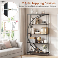 5-Tier Bookshelf with Half-Moon Shape for Living Room and Home Office-Rustic Brown