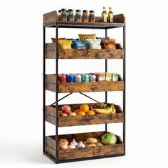 5-Tier Food Storage Rack with 4 Pull-out Drawers and Adjustable Feet-Rustic Brown