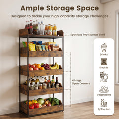 5-Tier Food Storage Rack with 4 Pull-out Drawers and Adjustable Feet-Rustic Brown