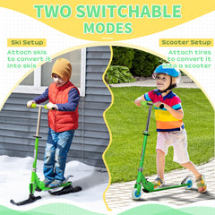 Snow Scooter, 2 in 1 Design Adjustable Height Scooter Snow Sled for Kids Aged Over 7 Years Old, Foldable Kids Sled Ski Scooter with Wheels Blades, Green