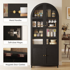 Arched Kitchen Pantry Cabinet, 71" Tall Farmhouse Kitchen Storage Cabinet with Acrylic Glass Doors, Oak