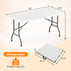 5FT Folding Picnic Table with Wood Grain HDPE Tabletop and, Non-slip Foot Pads-White