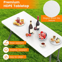 5FT Folding Picnic Table with Wood Grain HDPE Tabletop and, Non-slip Foot Pads-White