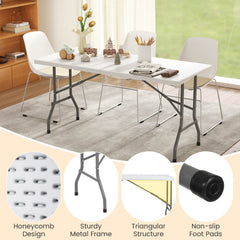 5FT Folding Picnic Table with Wood Grain HDPE Tabletop and, Non-slip Foot Pads-White