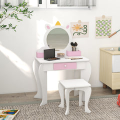 Kids Makeup Vanity Set with Stool, Mirror, Drawer, Storage Boxes, Unicorn Design, White