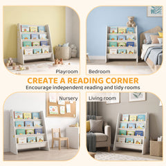 Fabric Kids Bookshelf, 4-Tier Toddler Sling Book Rack for Playroom, Bedroom, Nursery and Kids Room for Ages 3-6, White