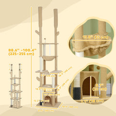 89"-100" Floor to Ceiling Cat Tree Cat Tower for Large Cats w/ Scratching Posts, Grooming Brush Post, Cat Condo, Brown