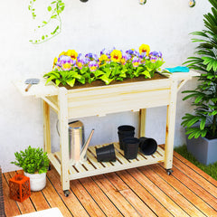 Raised Garden Bed, Wood Planter Box with Lockable Wheels, Side Tables, Bottom Shelf, Bed Liner, Drain Holes, Natural