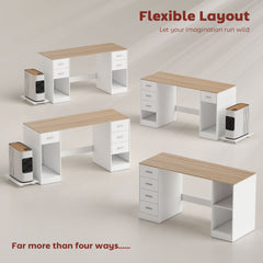 Office Desk, 55" Computer Desk with 4 Reversible Drawers, Mobile PC Stand, Adjustable Shelf, Black Wood Grain