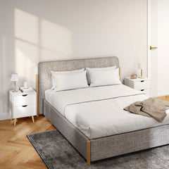 Modern Bedside Table, Nightstand with 2 Drawers and Pine Wood Legs for Bedroom, Living Room, White