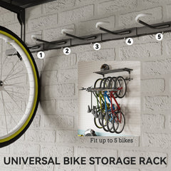 Bike Storage Rack for 5 Bikes, Wall Mounted Bicycle Rack with Shelf and Adjustable Hooks for Indoor Outdoor Use, Black