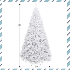 9 FT White Hinged Artificial Christmas Tree with Foldable Iron Base, Unlit