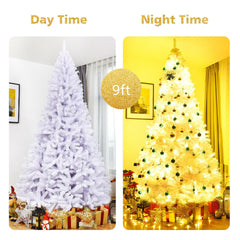 9 FT White Hinged Artificial Christmas Tree with Foldable Iron Base, Unlit