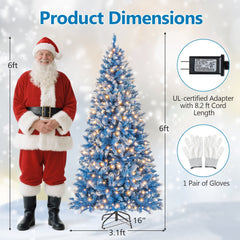 6 FT Blue Snowy Artificial Christmas Tree with 767 Frosted Tips and 270 Warm White LEDs