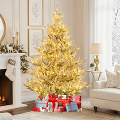 7 FT Pre-Lit Snow Flocked Christmas Tree with 1074 Tips, 450 Warm White LEDs and 13 Lighting Modes