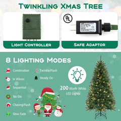 6 FT Pre-Lit Hinged Christmas Tree with 568 Branch Tips, 200 Warm White LEDs and 8 Modes