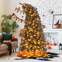 7 FT Black Pre-Lit Christmas Tree with Bendable Top, 1050 Branch Tips and 340 Warm White LEDs