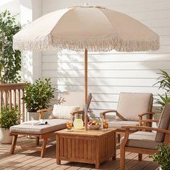 6 Feet Patio Umbrella with Fringe with Push Button Tilt and Wood Pole-Beige