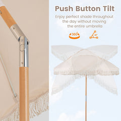 6 Feet Patio Umbrella with Fringe with Push Button Tilt and Wood Pole-Beige