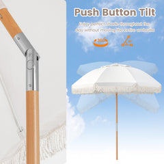 6 Feet Patio Umbrella with Fringe with Push Button Tilt and Wood Pole-White color