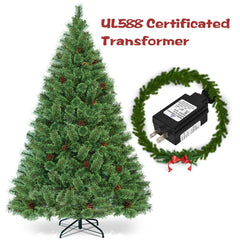 6 FT Pre-Lit Carolina Pine Christmas Tree with 484 Tips, 49 Pine Cones and 260 LED Lights