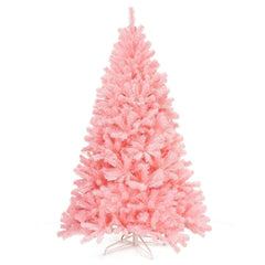 6 FT Pink Artificial Hinged Spruce Christmas Tree with 1036 Tips and Foldable Metal Stand