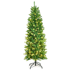 6 FT Pre-Lit Slim Pencil Fir Christmas Tree with 300 Tips, 150 Warm LEDs and Iron Stand