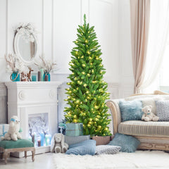 6 FT Pre-Lit Slim Pencil Fir Christmas Tree with 300 Tips, 150 Warm LEDs and Iron Stand