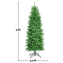 6 FT Pre-Lit Slim Pencil Fir Christmas Tree with 300 Tips, 150 Warm LEDs and Iron Stand