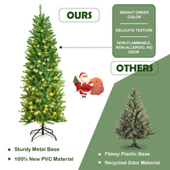 6 FT Pre-Lit Slim Pencil Fir Christmas Tree with 300 Tips, 150 Warm LEDs and Iron Stand