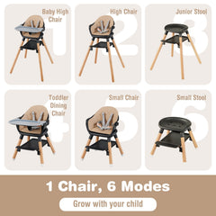 6 in 1 Convertible Highchair with Safety Harness and Removable Tray-Coffee