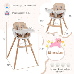 6-in-1 Convertible Wooden Highchair with Safety Harness and Adjustable Legs-Light Brown